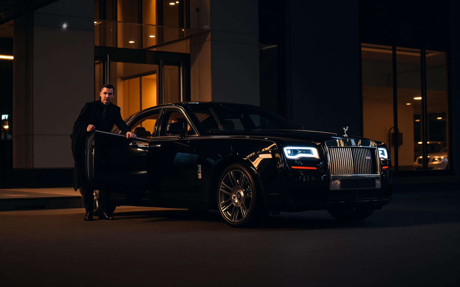 Luxury chauffeur opening rear door of Rolls-Royce